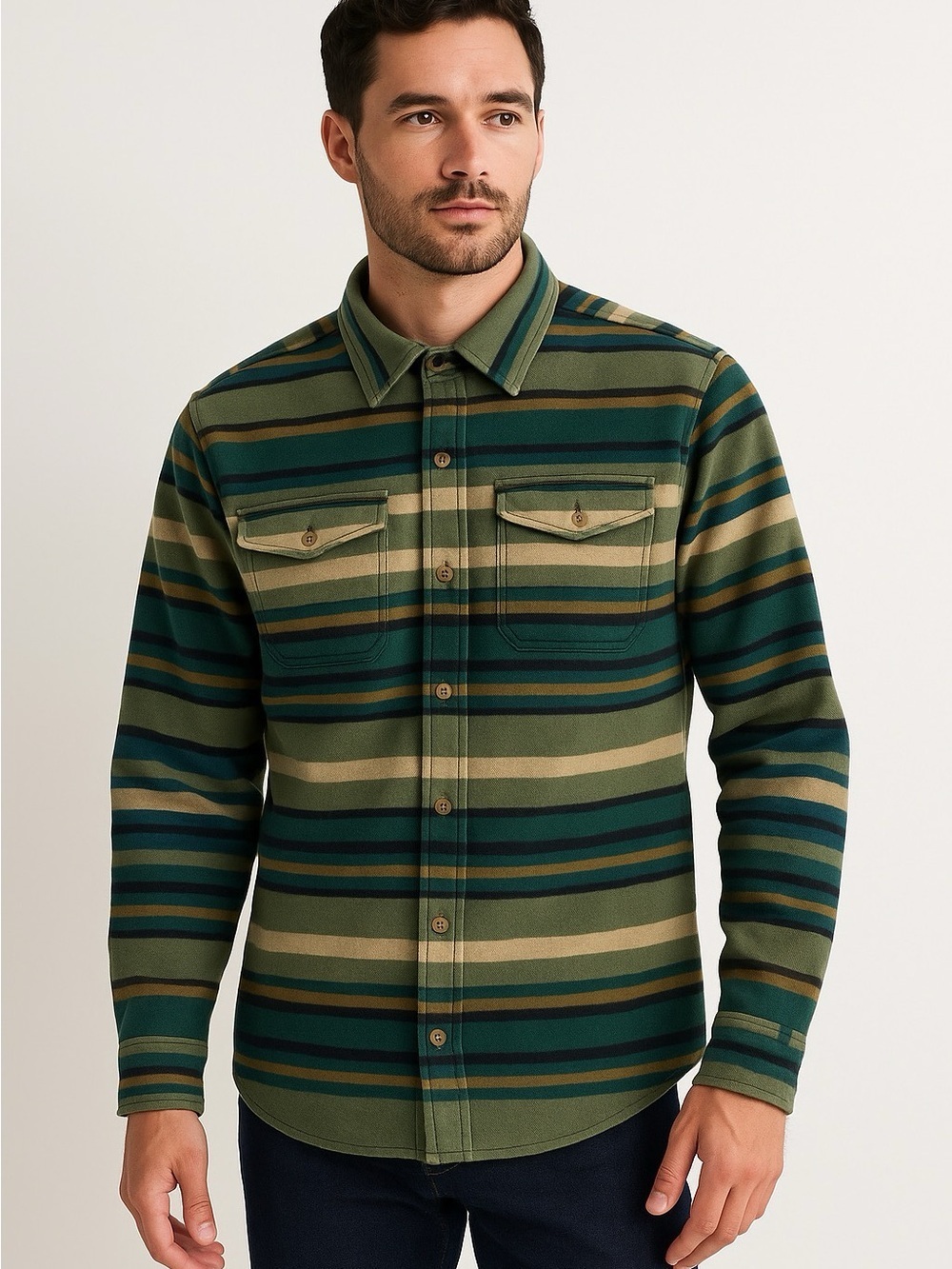 Eddie Bauer Green Striped Button-Up Sweater Shirt